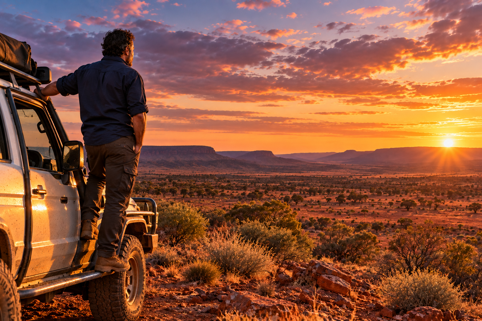Peter standing by a vehicle at sunset, looking across a regional community landscape