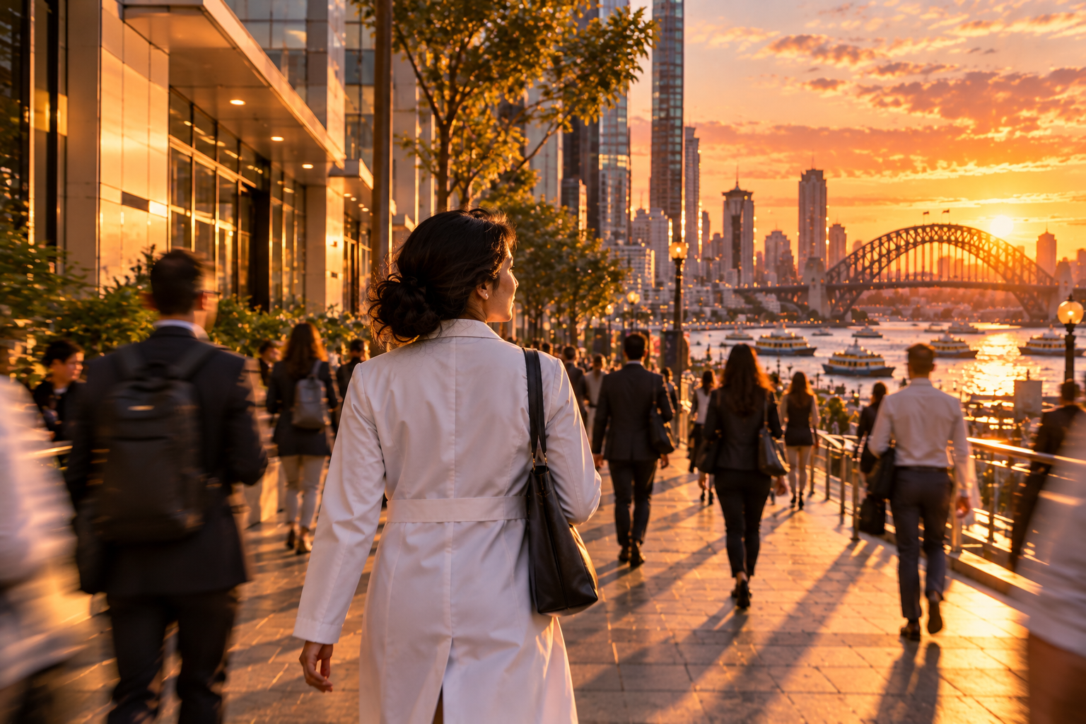 Priya walking through the city at sunset, showing a clinical research perspective on connected health
