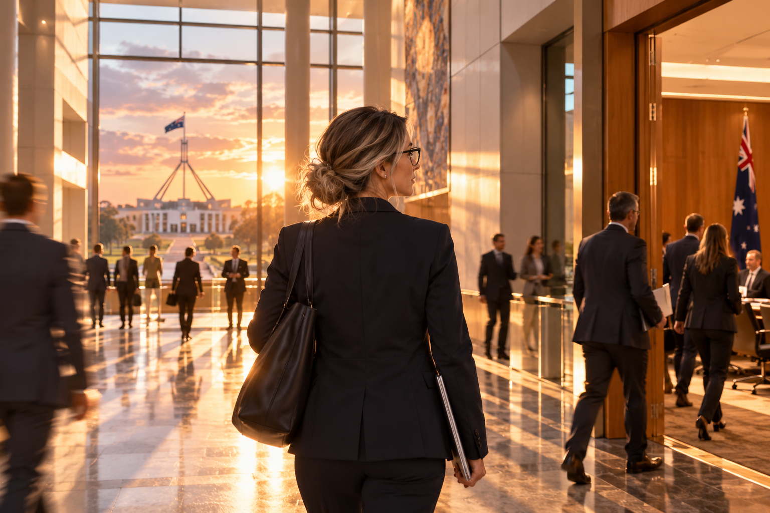 Rachel walking through parliament at sunset, showing a policy perspective on connected health