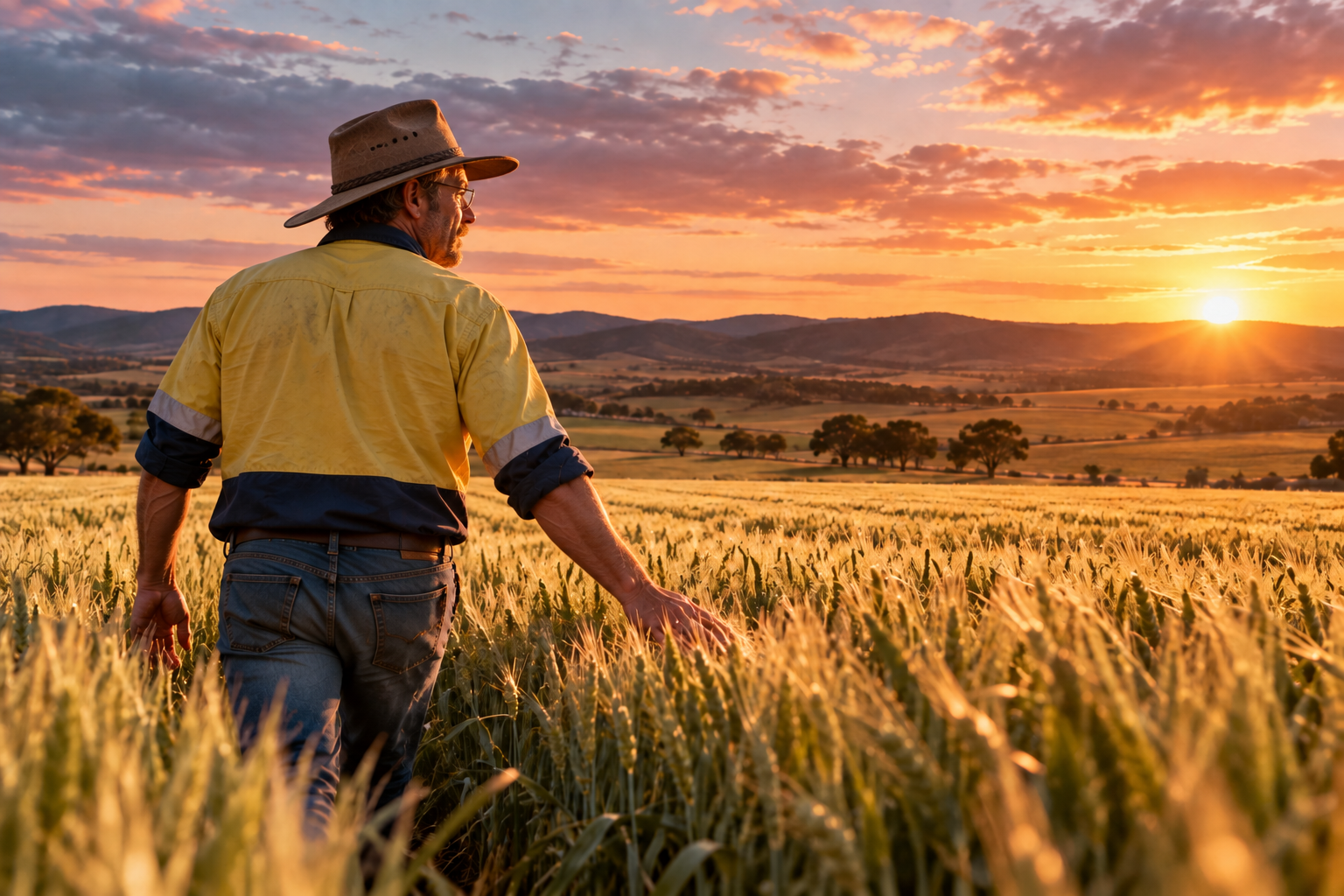 Tom standing in a regional field at sunset, looking across the landscape