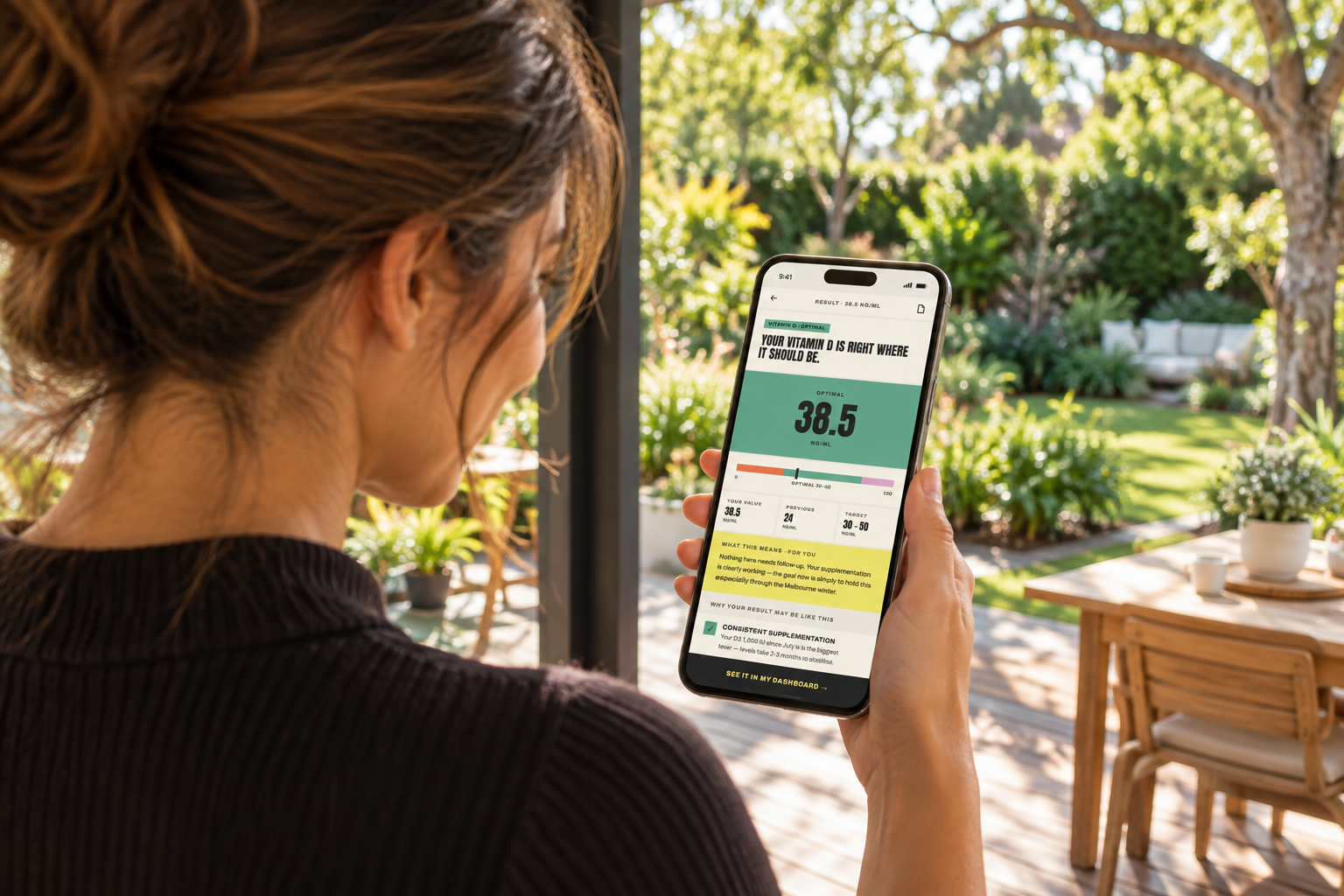 Sarah reviewing a longitudinal health result on the Biomorphik mobile app