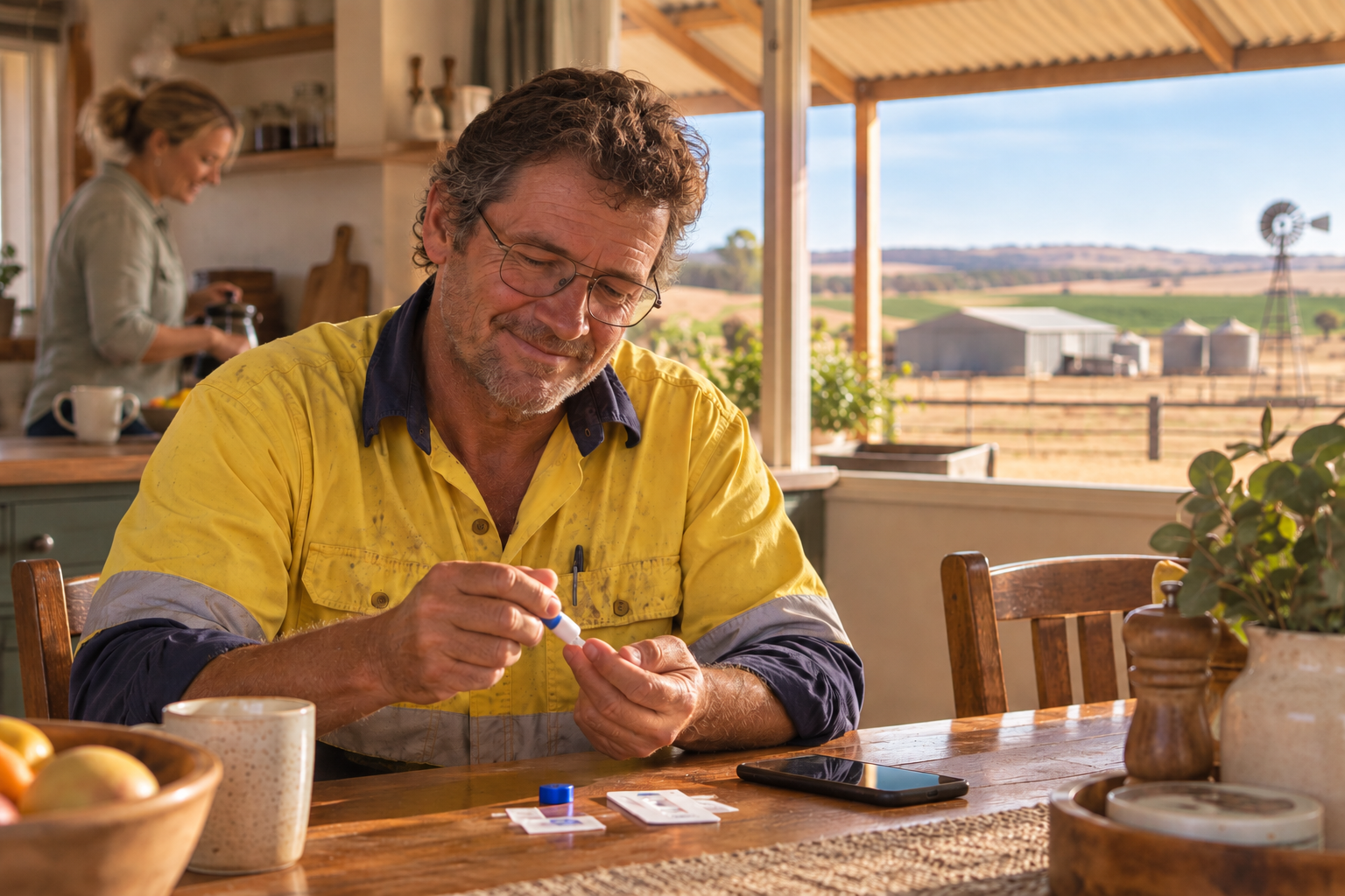 Tom completing a screening test at home on a regional property